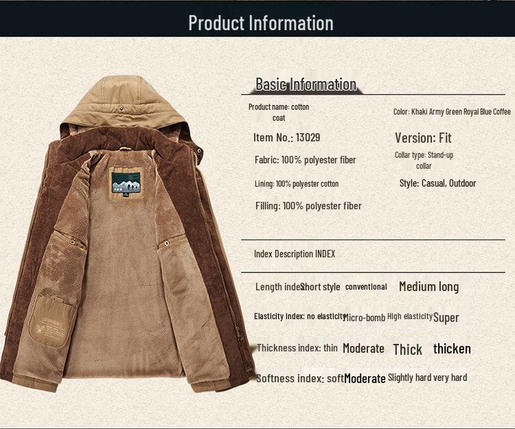 Winter 13029 Men's Mid-Length Fleece-Lined Cotton Coat, Plus Size, Multi-Pocket, for Middle-Aged & Elderly