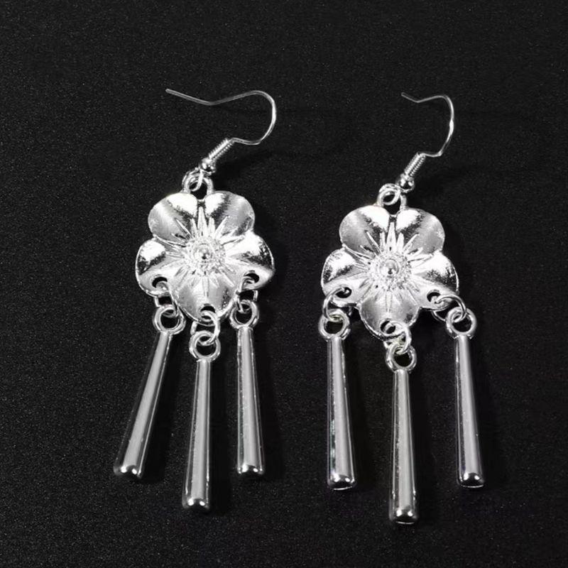 Ethnic Peacock Bell Tassel Earrings - Hollow Leaf Design, Miao Silver Style, Chinese Village Accessories
