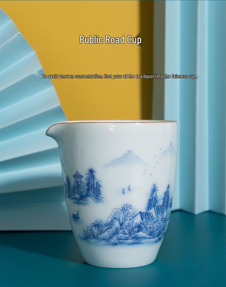 Celadon White Porcelain Tea Set with Gold Landscape: Complete Chinese Gaiwan Teapot and Teacup Set for Kung Fu Tea.