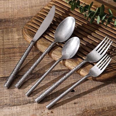Retro 304 Stainless Steel Hammered Cutlery Set: Fork, Knife, Spoon - Aged Camping Style Western Tableware.