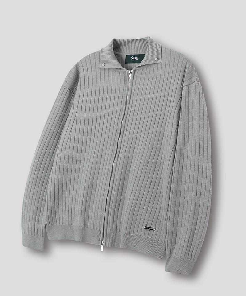Nodu Rivet Collar Ribbed Knit Zip-Up Cardigan [Gray]