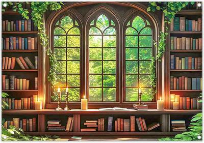 Enchanted Library Window Wall Tapestry Gothic Bookshelf Garden View Reading Room Decor Boho Home Decoration Dreamy Study Scene