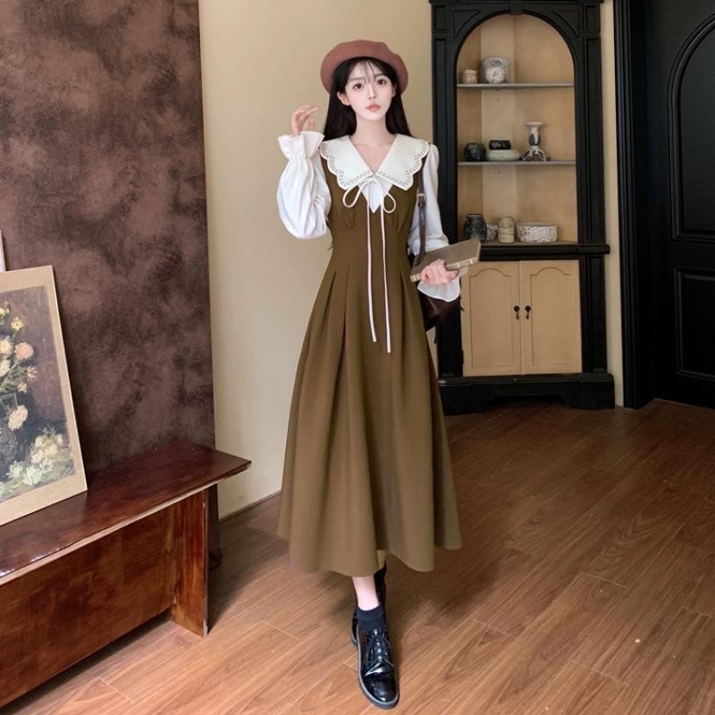 Plus Size Retro Doll Collar Two-Piece Long Dress - Slimming French Autumn Style for Women