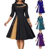 O-neck Button Decoration Long Sleeves Waist Tight Pleated Large Hem Female Dress Spring Autumn Elegant Dot Patchwork Print A-Line Midi
