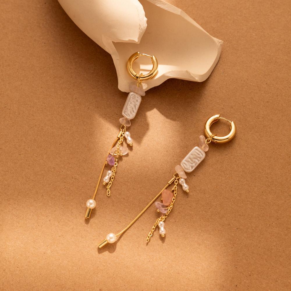 Street Fashionable Style Earrings With Natural Stone Asymmetrical Design And Pearl Imitation