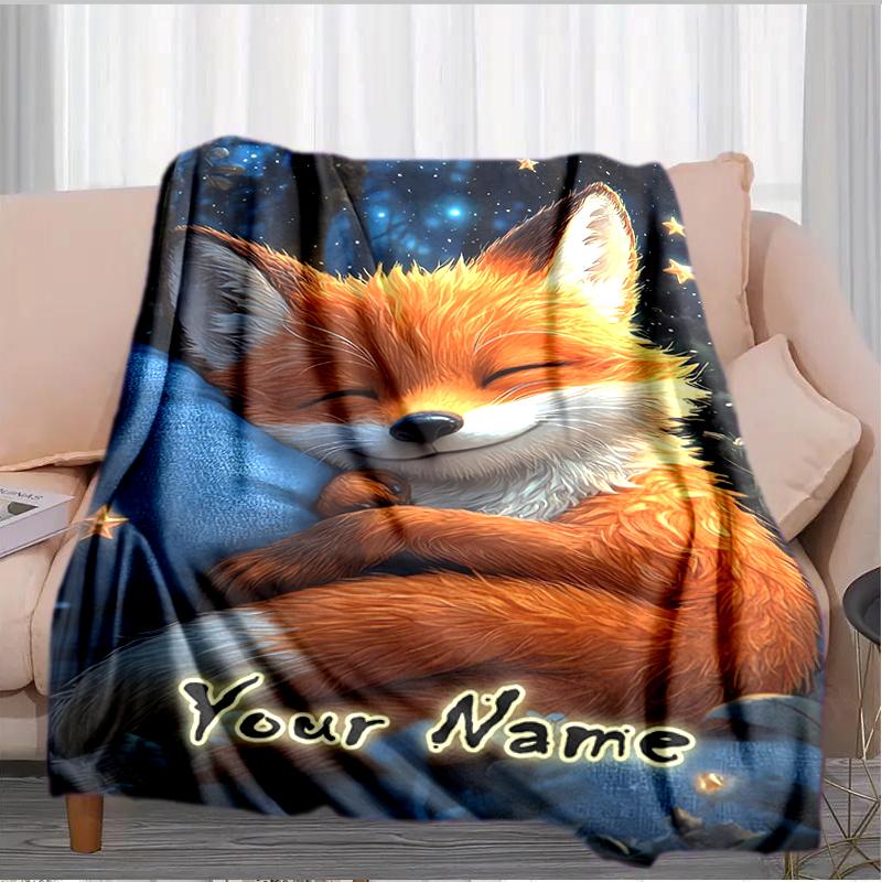 1PC Custom Name Fox Dreams Stars flannel blanket versatile,all-season throw suitable for the living room,bedroom,camping,travel,and gift