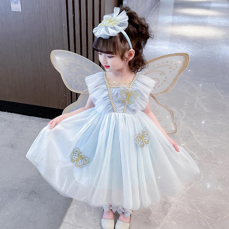 

Платье с крыльями бабочки для девочки, летнее, для выступлений в детском саду, платье феи цветов, детское супер-сказочное платье принцессы 140 синий