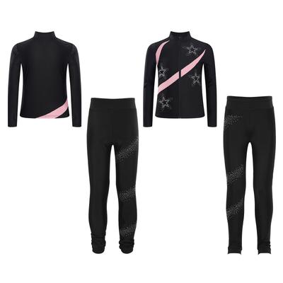 Dievčenský krasokorčuliarsky outfit Kontrastná farba Dlhý rukáv Stojatý golier Mikina na zips Legíny zdobené kamienkami