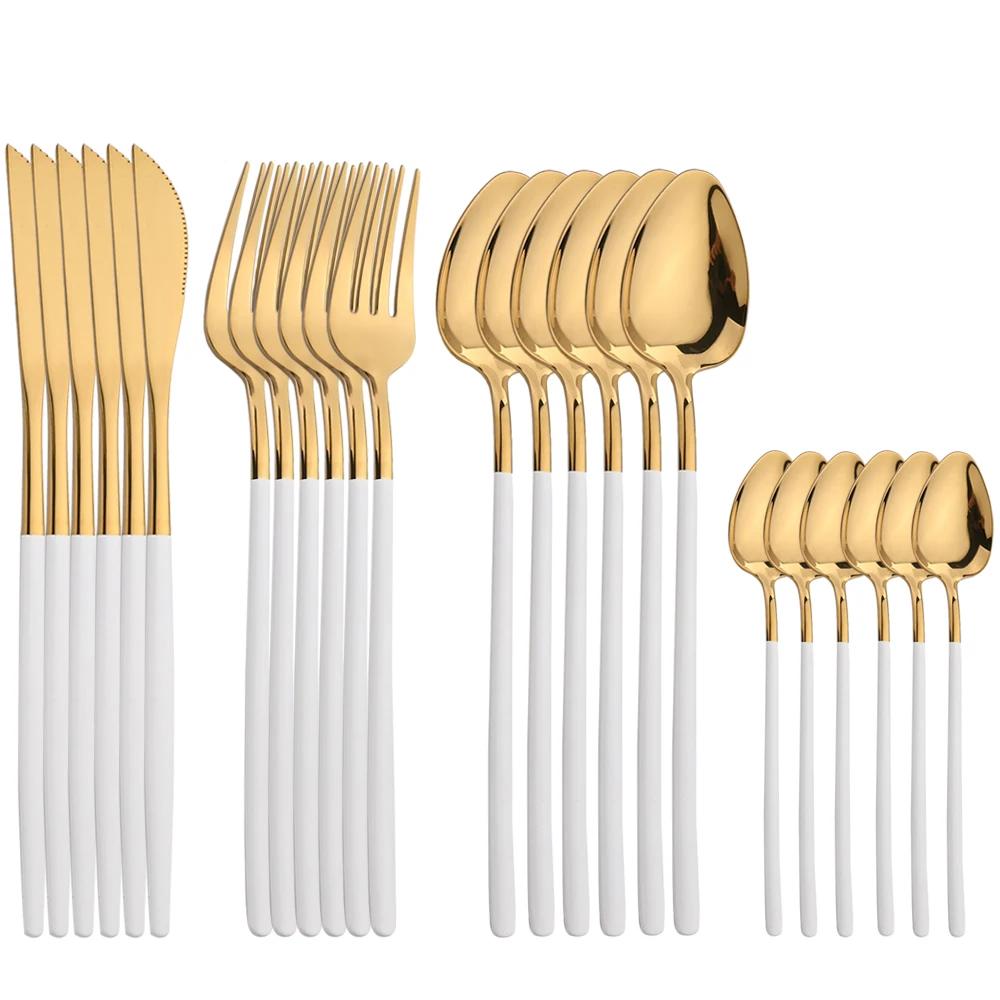 24Pcs Dinnerware Stainless Steel Tableware Set Gold Mirror Cutlery Kitchen Knife Fork Spoon Restaurant Wedding Flatware Set