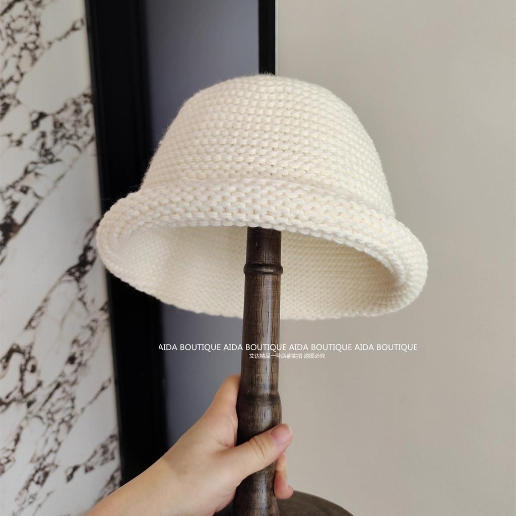 Korean version retro solid color wool hat women's warm and comfortable crimped knitted hat shows the face small thick wool bucket hat