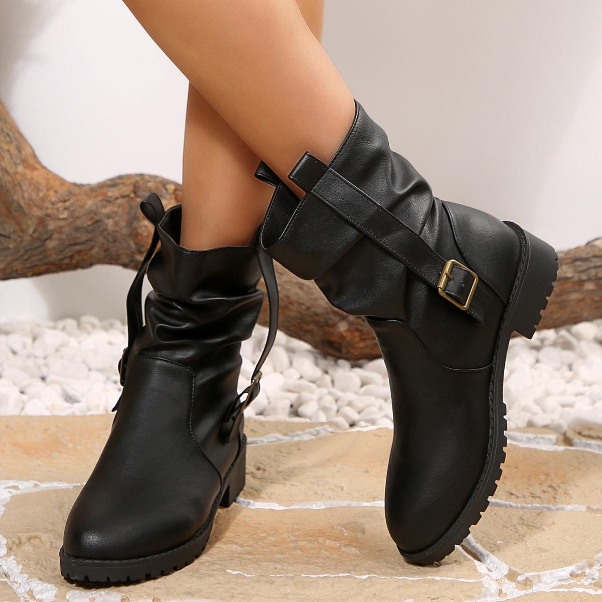 

Круглая пряжка-ремень для скальпа, плиссированные ботинки-чулки, зима 2025, новые, ретро, больших размеров, в британском стиле, на толстом каблуке, ботинки-мартенсы для женщин 43 чёрный