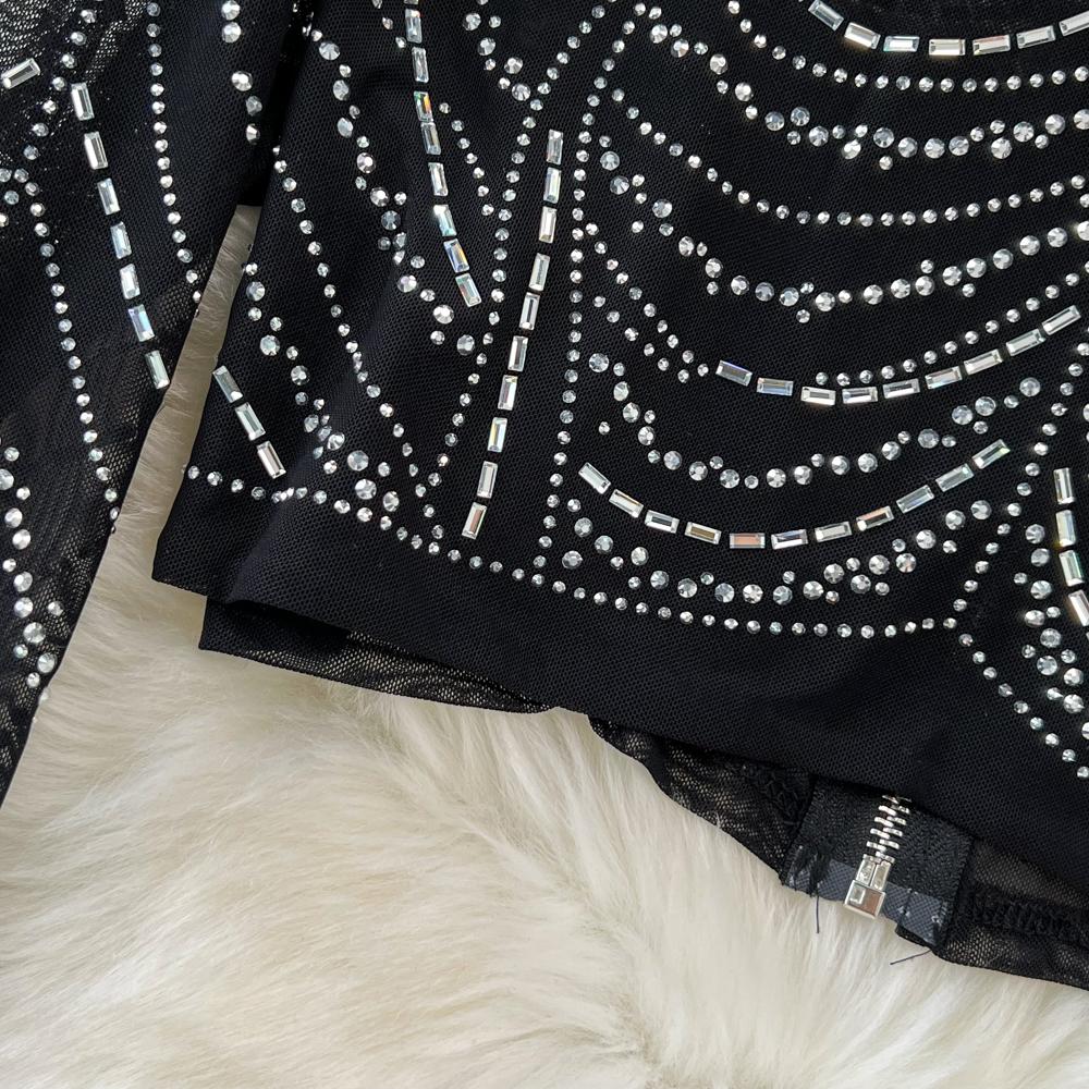 Fashion Suit, Fashion Long-sleeved Stand-up Collar, Slim-fitting Diamond-encrusted Short Top, Two-piece Set, High-waisted Fishtail Skirt.