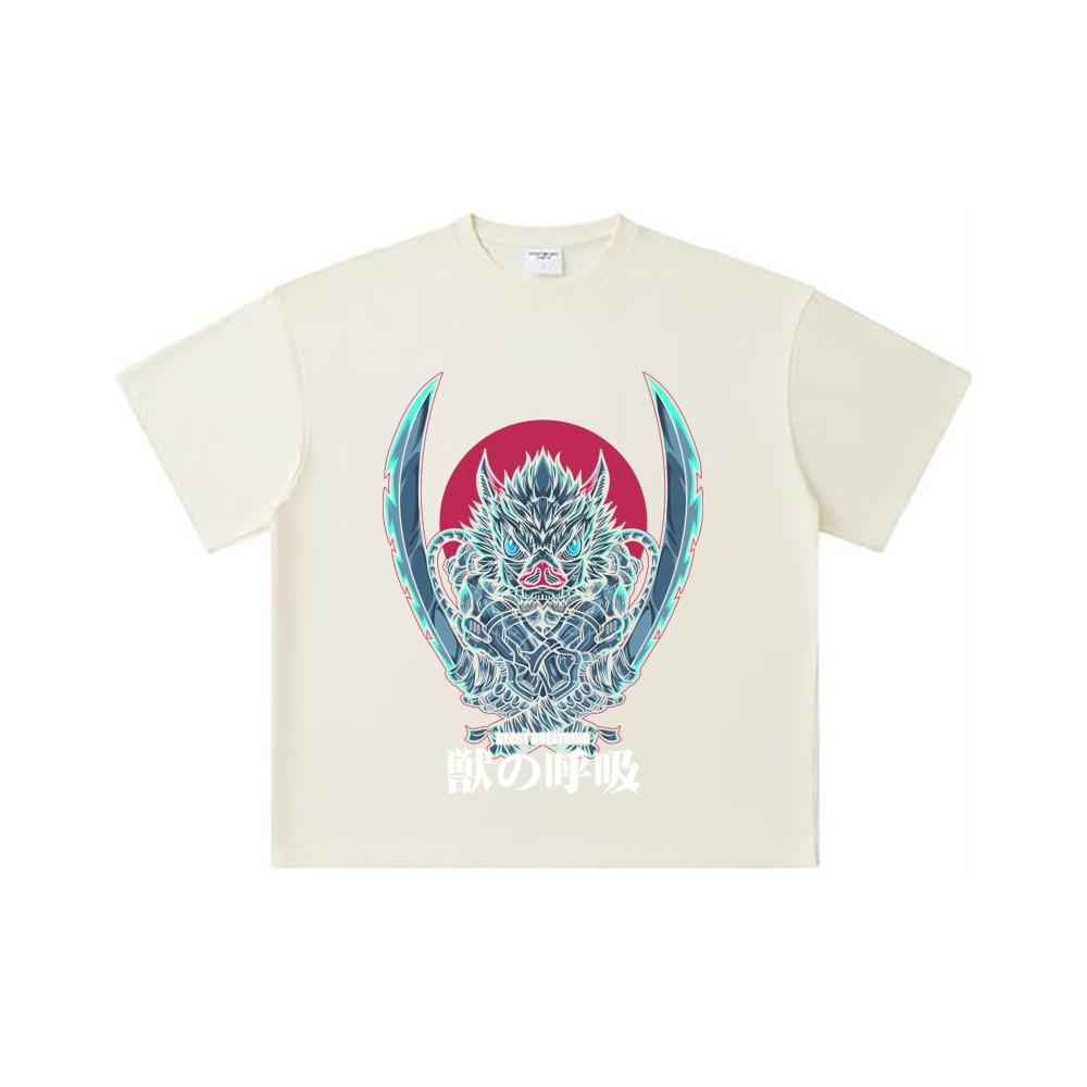 260 GSM Double Yarn 32 Count 100% Cotton Demon Slayer V29 Inosuke Print Unisex Heavy Cotton T Shirt