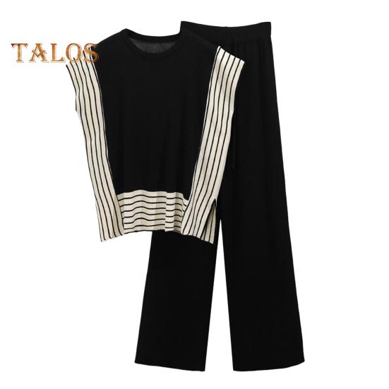 

2 шт./компл., женский топ и брюки, комплект с круглым вырезом без рукавов, вязаный полосатый свободный лоскутный комплект контрастного цвета с высокой талией, повседневная домашняя одежда, жилет из двух частей, брюки чёрный