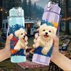 1PC White Puppy Color Splash Art 750ml Color Plastic Sports Water Bottle Leakproof Flip Straw Lid For Sports Office Home Use