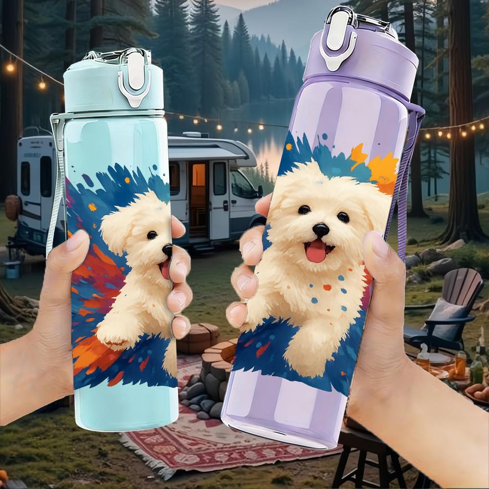 1PC White Puppy Color Splash Art 750ml Color Plastic Sports Water Bottle Leakproof Flip Straw Lid For Sports Office Home Use