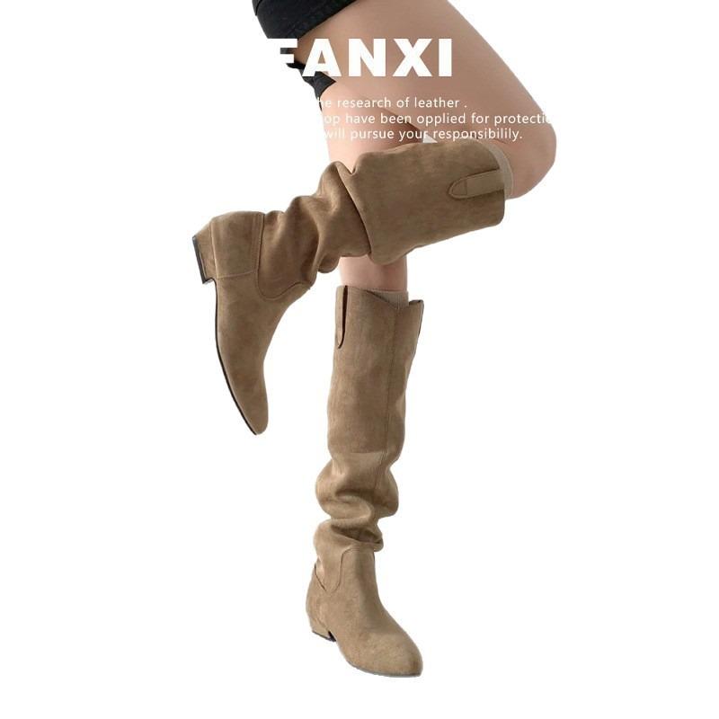 Cowhide Version~ Retro Matte Tall Western Boots Women's Fat Mm Big Tube Circumference Thin Boots Thick Heel Long Tube Stacking Boots