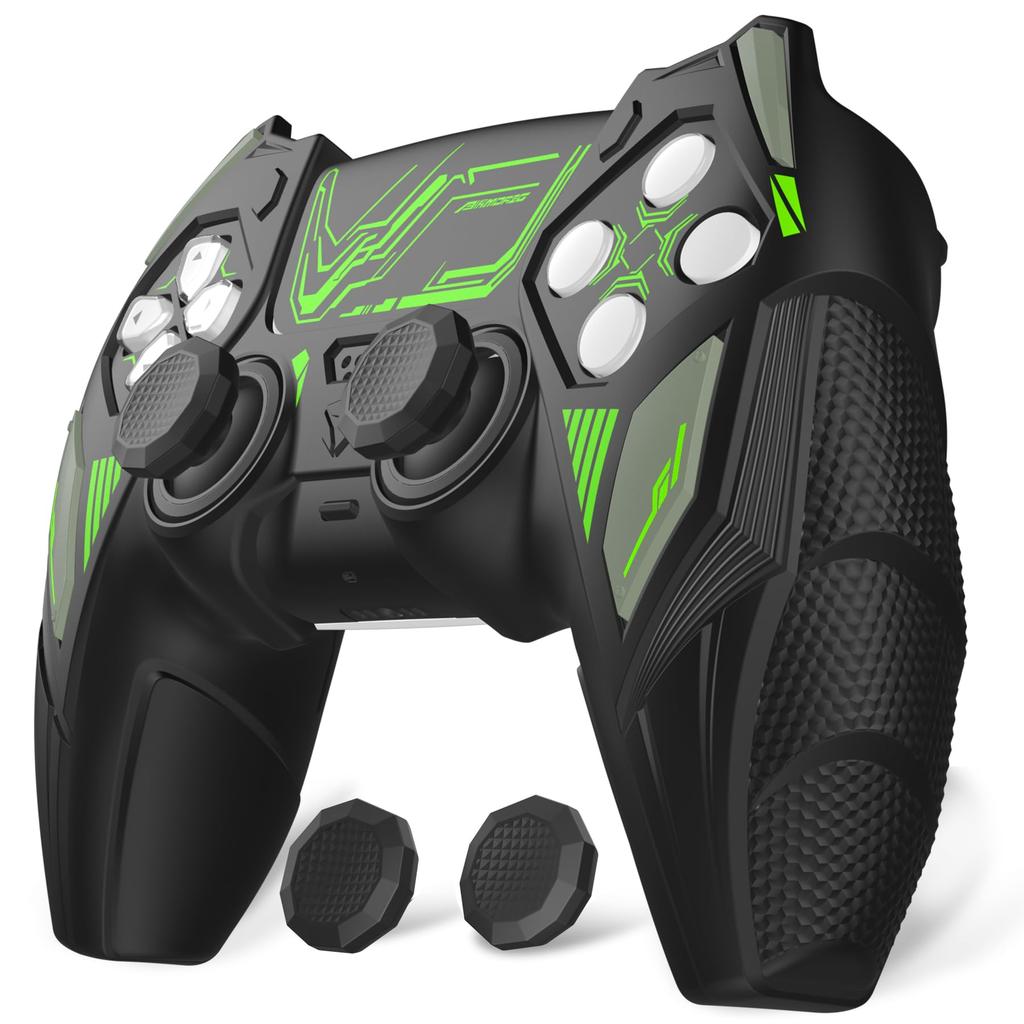 PlayVital PS5 Controller Silicone Mecha Rhino Shockproof Protective Easy Includes Thumb Grips and Compatible with Charging Black and Green Cover,