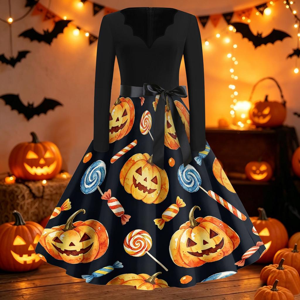 Women's Casual Halloween Print V Neck Vintage Dress Long Sleeve Retro Style Midi Dress with Waist Tie for Seasonal Wear