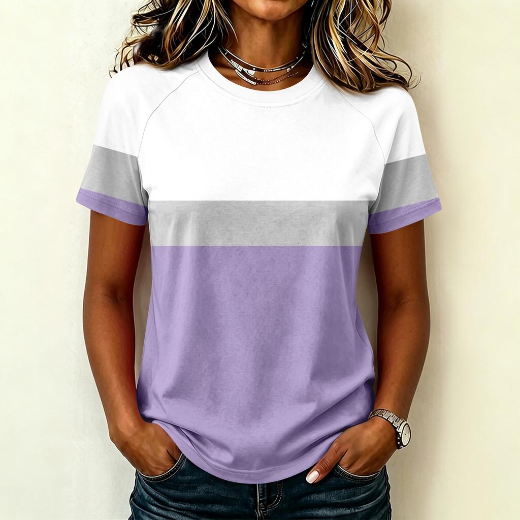 Women's Fashion Raglan Sleeve Crew Neck Casual Colorblock Print Short Sleeve Top Lightweight Soft Fabric Comfortable Fit
