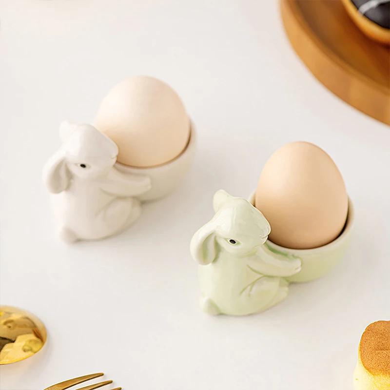 Hot Sale Ceramic Rabbit Shape Egg Cups Breakfast Egg Holder Cute Fresh Simple Ornament for Desktop Living Room Home Office Decor