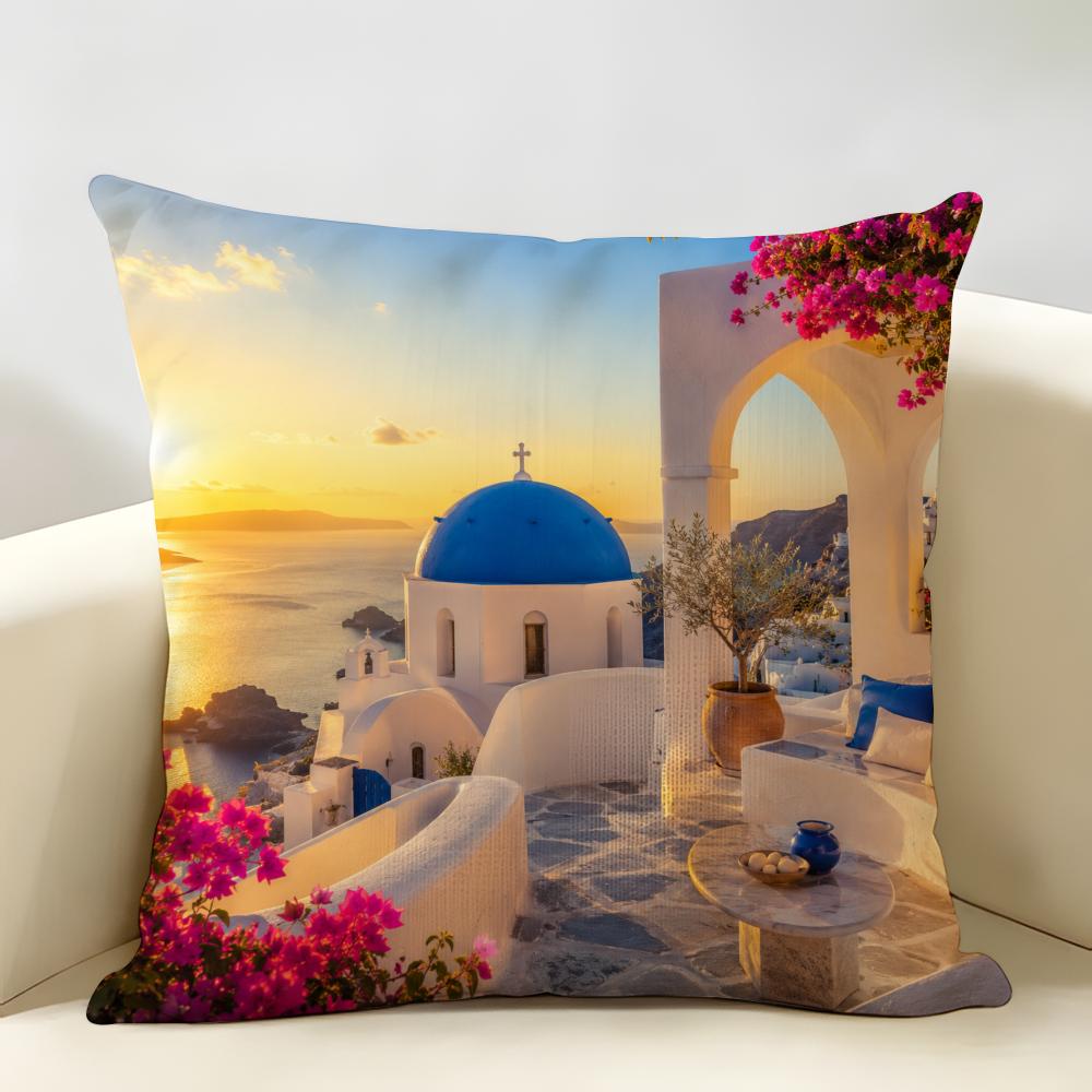 Griechische Santorini Serie Muster Kissenbezug Langlebig Hypoallergen Bio-Leinen Kissenbezug Kurze Größe Waschbar Hautfreundlich