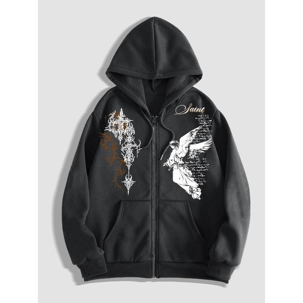 Dark Thorn+Angel Design Original Printed Zipper Hoodie, Fashionable Street Trendy Zipper Hoodie Suitable for Casual Occasions S