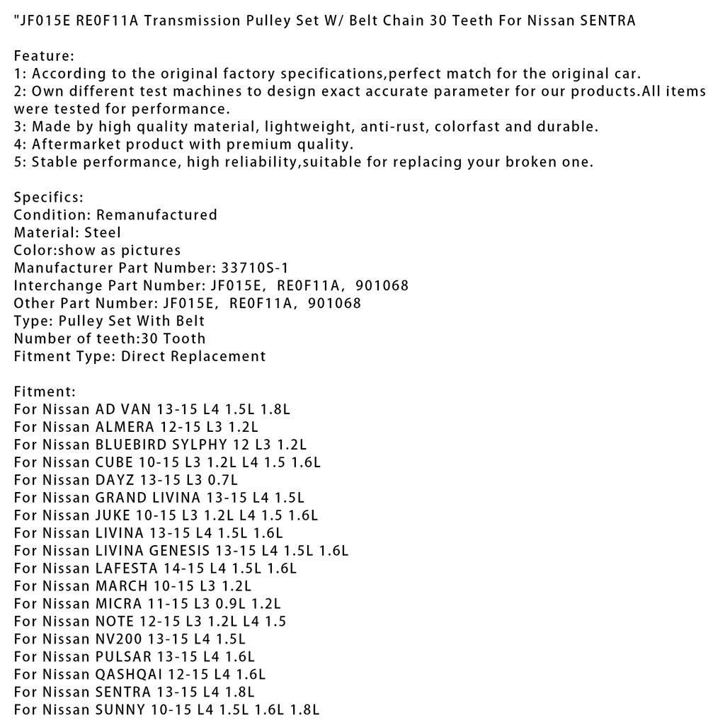 JF015E RE0F11A Transmission Pulley Set W/ Belt Chain 30 Teeth For Nissan SENTRA