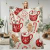 Christmas Cocoa Gingerbread Flannel Blanket - Red & White | Mugs/Candy Canes/Snowflakes | Sofa/Bed/Travel/Office Holiday Use