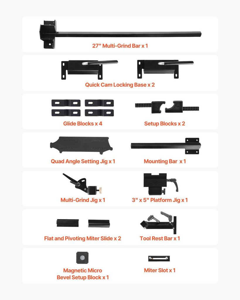 Pro Grind Sharpening System, Multi-Grind Sharpening Jig for 152mm & 203mm Bench Grinder - with Platform Jig, Tool Rest Bar, Setup Block, Miter Slide,