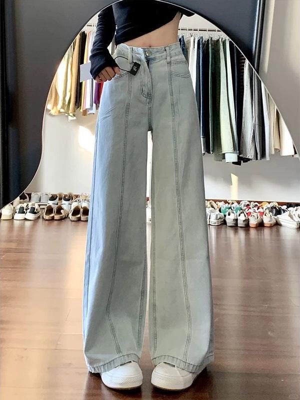 Women's High-Waisted Light Blue Straight-Leg Jeans - Summer Loose Wide-Leg Floor-Length Pants for Plus Size.