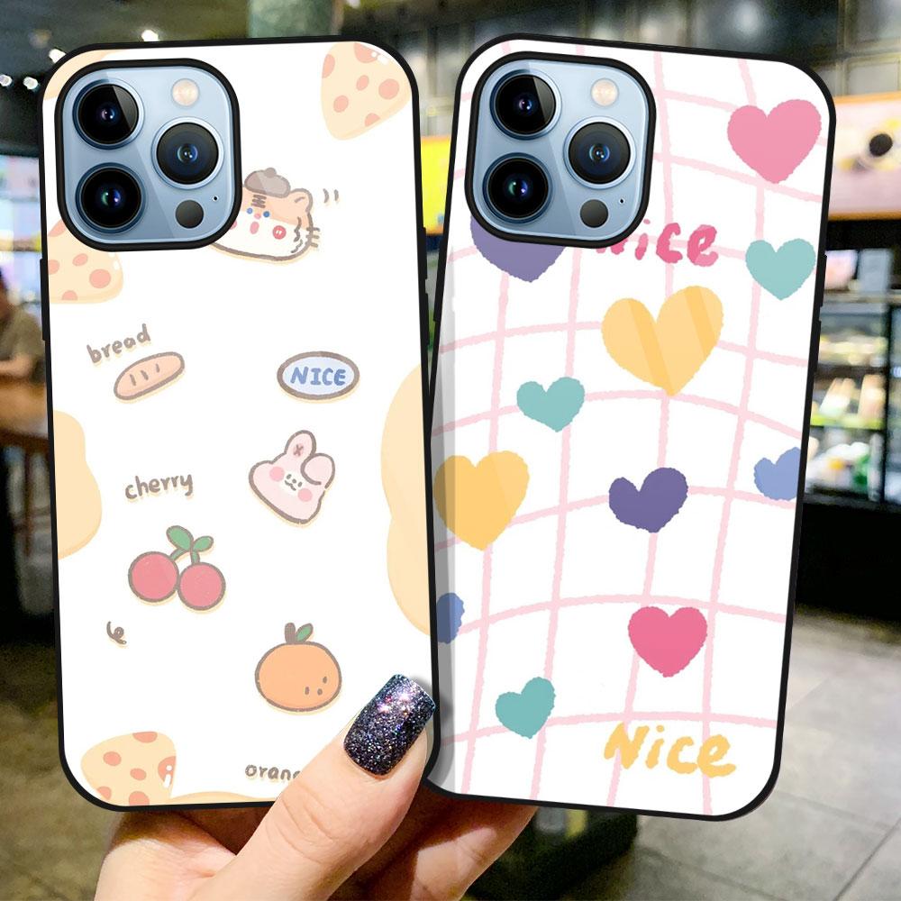 Θήκη ροδάκινου Cartoon Flowers για Iphone 14pro Max 13 12 11 Mini Xs Xr X 7 8 6s Plus Se 2022 Tempered Glass Protection Back cover