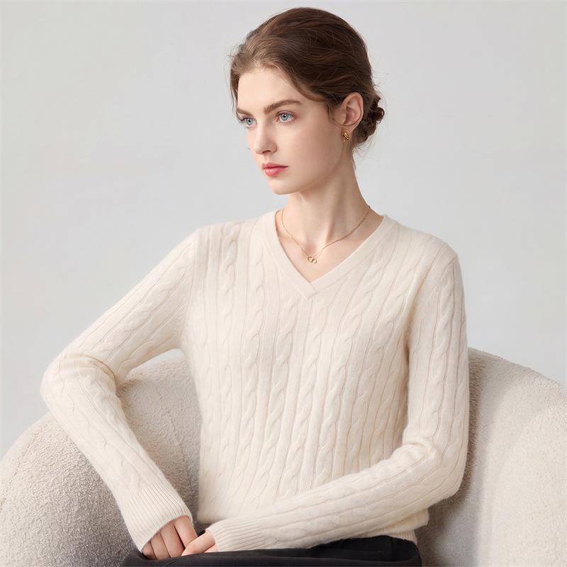 Lekasha Women's Cashmere V-Neck Cable Knit Sweater - Korean Style, Autumn/Winter, Solid Color Pullover