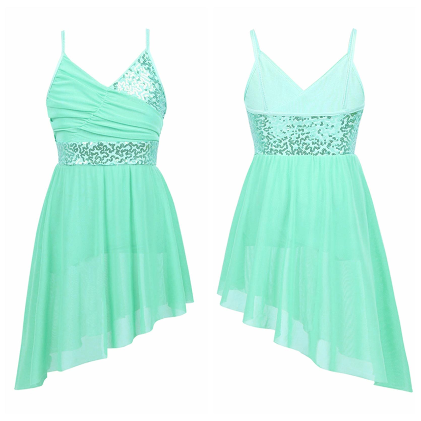 

Детское платье для фигурного катания с v-образным вырезом и блестками для девочек, латинское лирическое платье с нерегулярным подолом 12-14 Years светло-зеленый