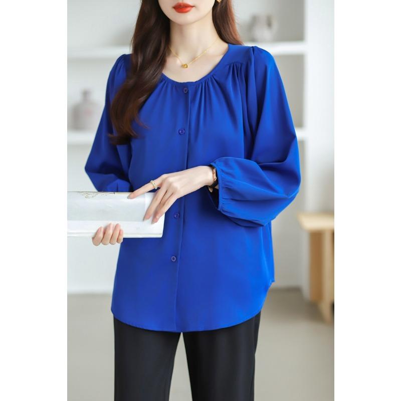 

Женские однобортные элегантные винтажные рубашки женские новые однотонные модные свободные повседневные блузки с рукавами-фонариками топы с круглым вырезом большие размеры женские блузки 3316 3XL королевский синий