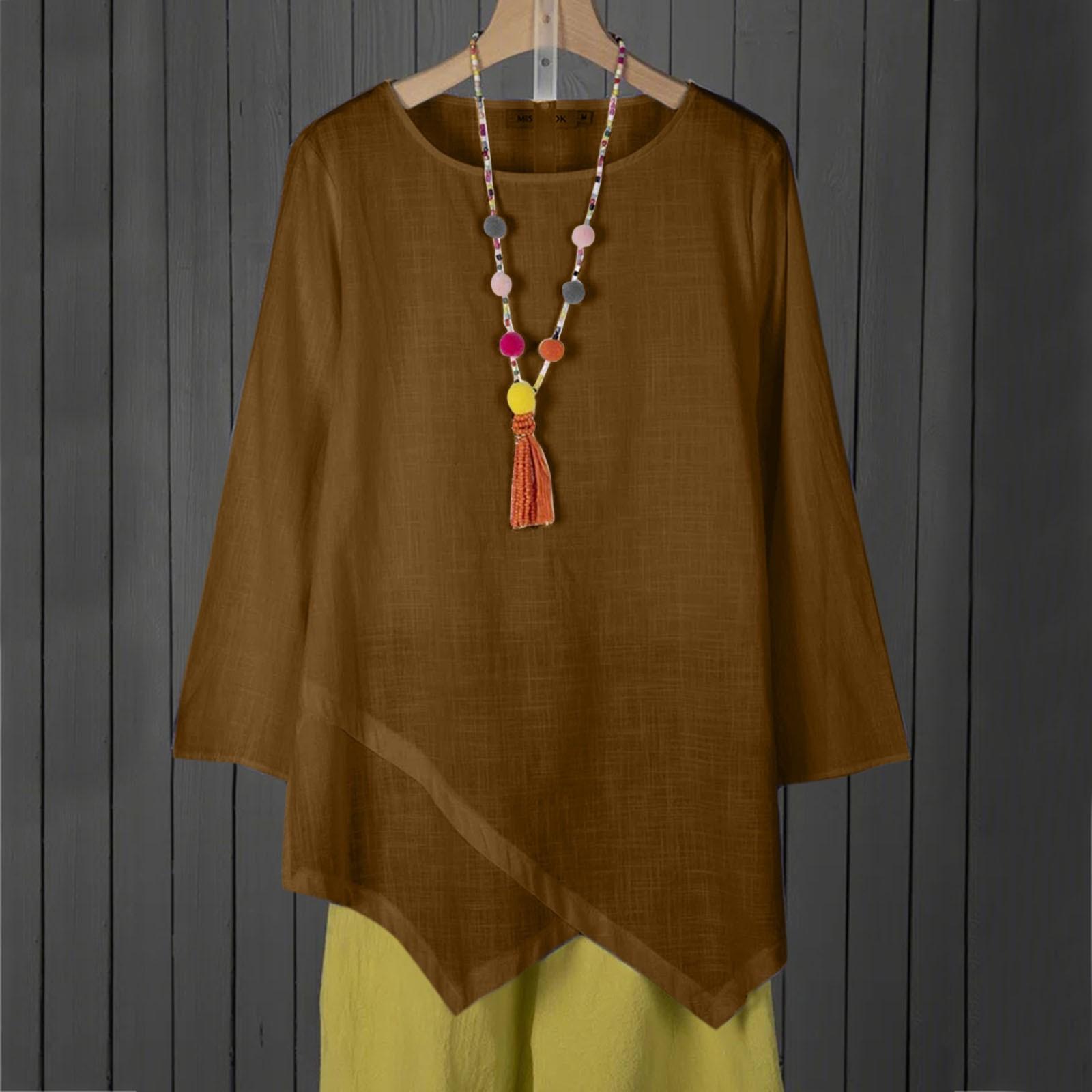 

Женские рубашки с длинным рукавом и круглым вырезом, повседневная блузка с нерегулярным подолом, свободные рабочие туники, топы One size кофейный