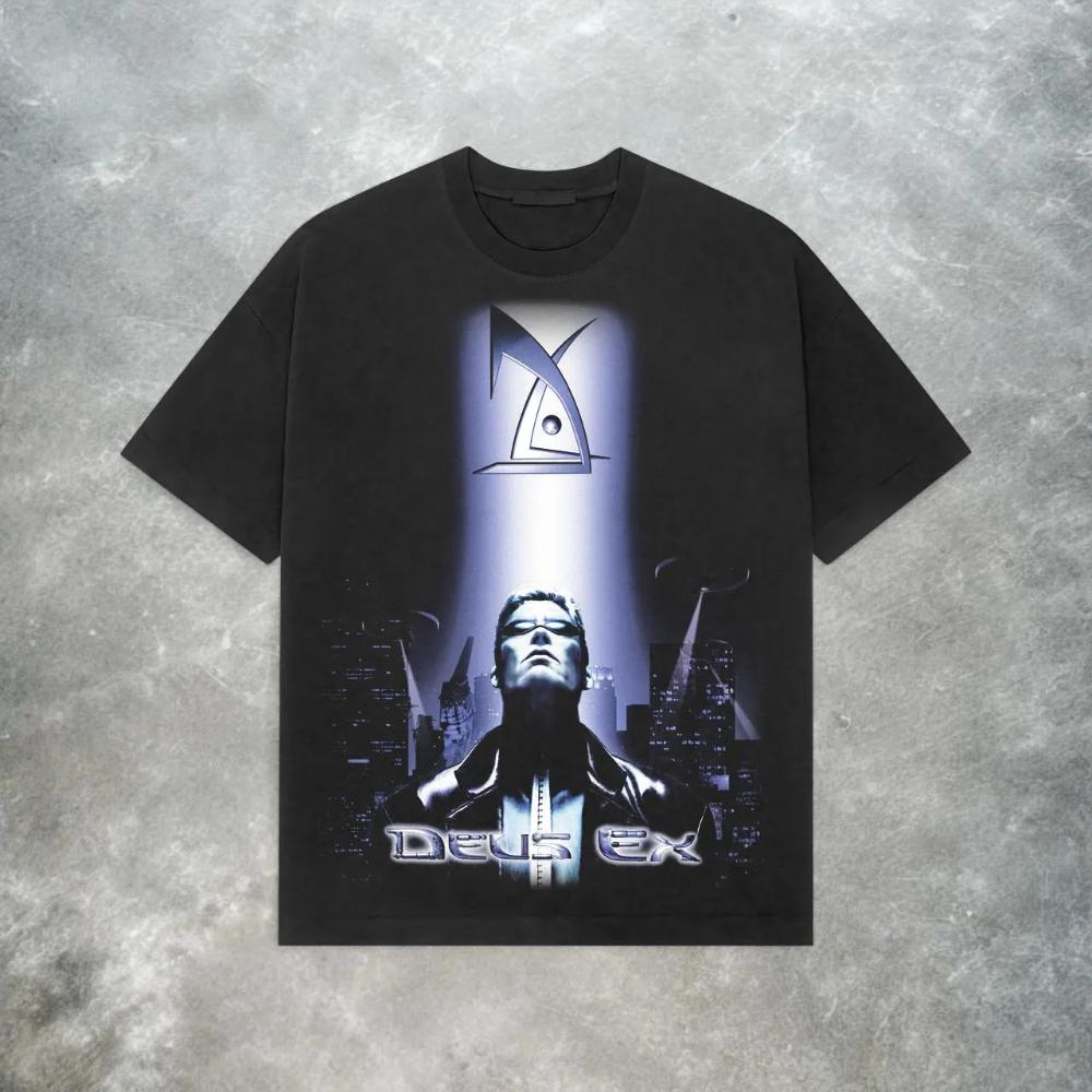 T-shirt Retro Deus Ex Cyberpunk Y2K Gioco di Ruolo Pesante Cotone Puro Camicia per Coppie All-Season Streetwear