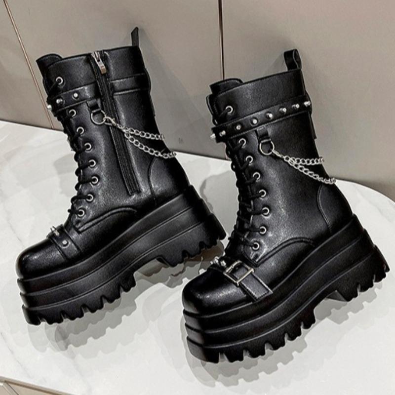 Women's Platform Boots Fashion Mid-calf Leather Boot Thick Soled Gothic Boot Punk Style Cosplay Boots for Women Motorcycle Boots
