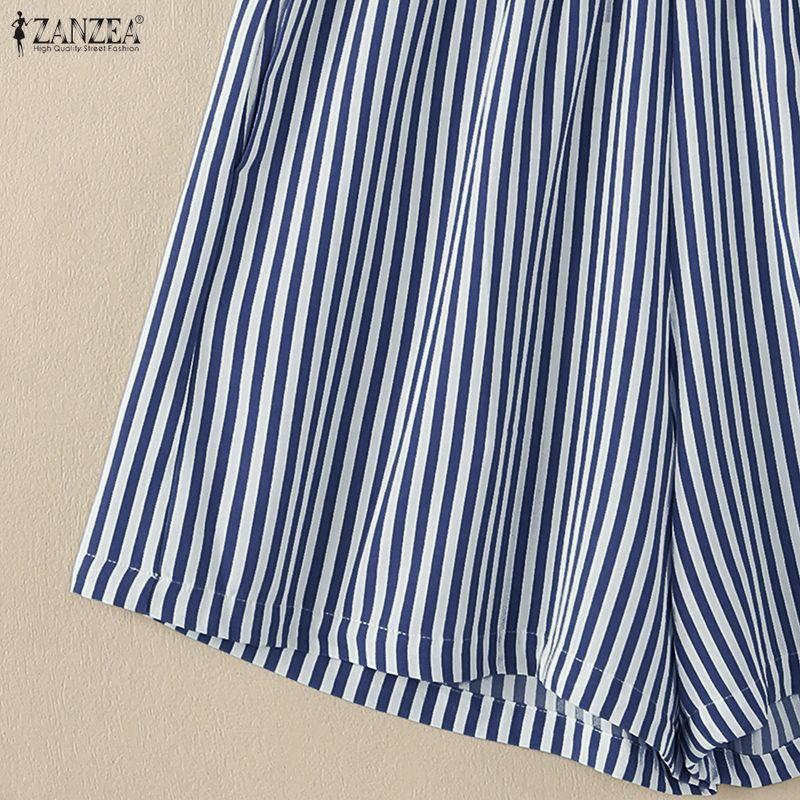 ZANZEA Women Short Sleeve Blouse and Shorts Summer Stripe Print Two Piece Suit Sets