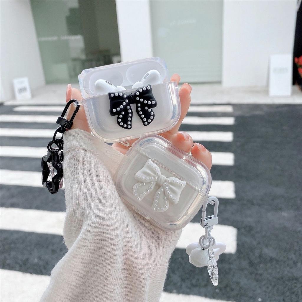 Applicable To Apple AirPods111 Generation Pro Black and White Pearl Bow Ins Advanced Bluetooth Headset Protective Case Case