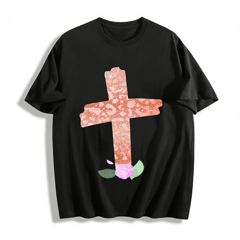 

Glitter Leopard Print Cross Graphic Casual Top Pure cotton T-shirt XXS
