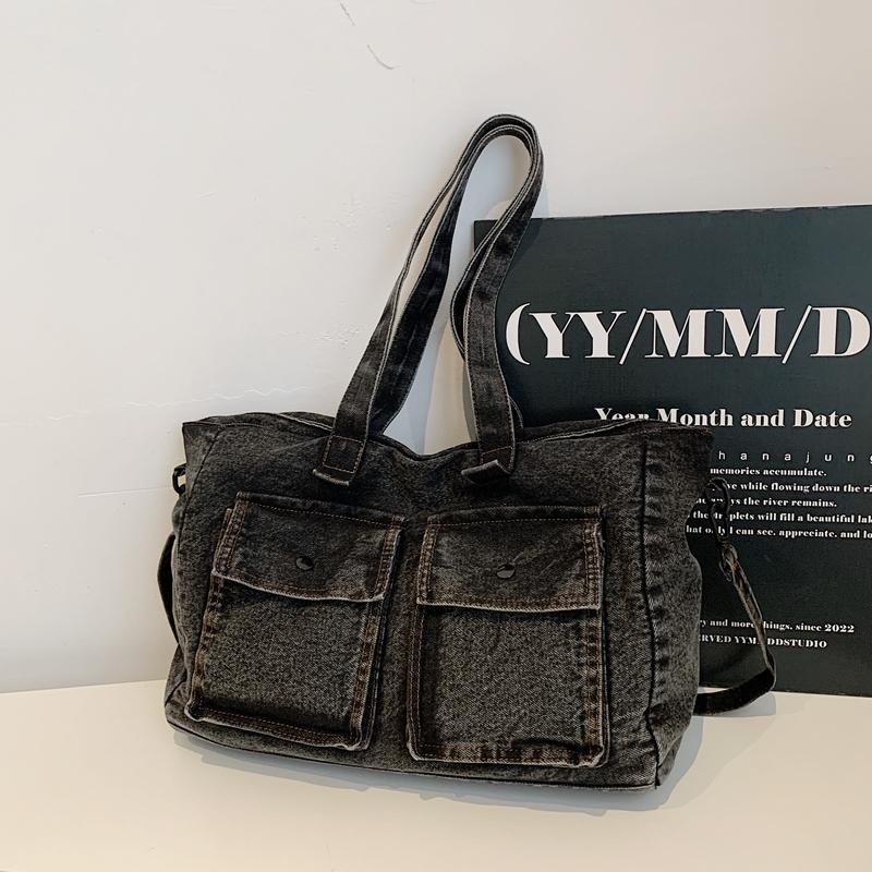 Denim Tote Bag for Women – Vintage Bag with Front Pockets & Adjustable Shoulder Strap – Perfect for Casual & Daily Use