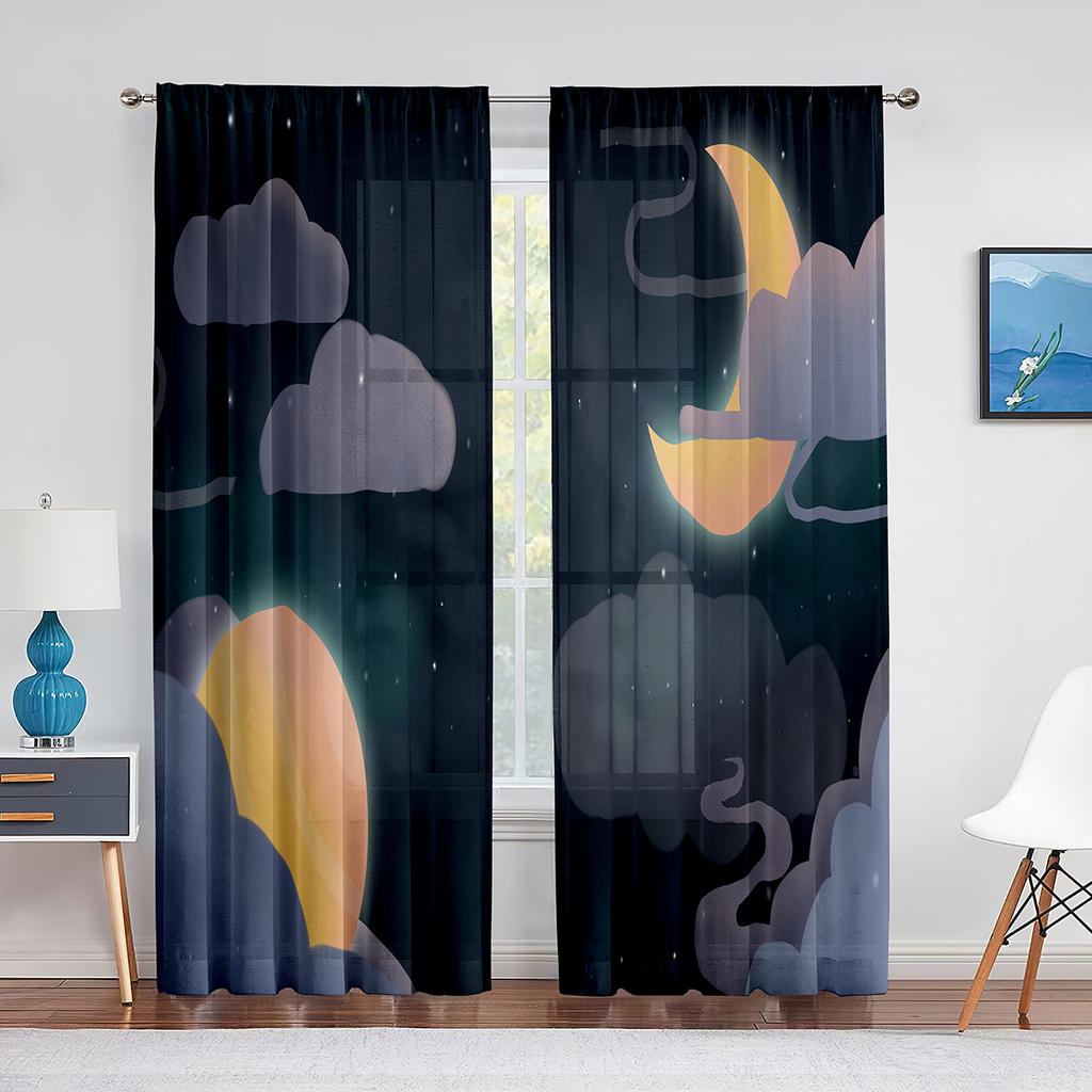 Blue Starry Night with Stars Moon Clouds Tulle Curtains for Living Room Kids Bedroom Chiffon Sheer Voile Kitchen Window Curtain