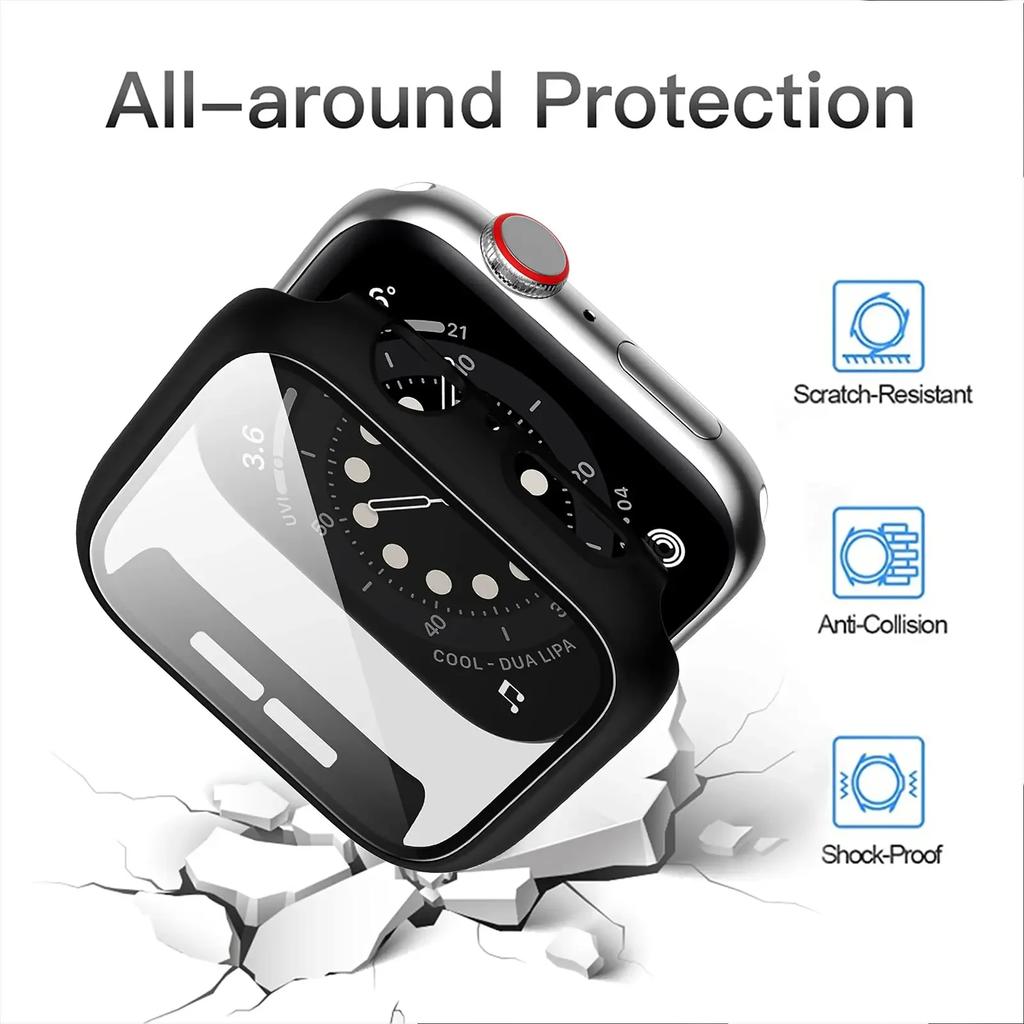 Glass+Cover For Apple Watch Case 45mm 44mm 41mm 42mm 40mm 38mm Accessories Hard Screen Protector iWatch Series 9 8 7 6 SE 5 4 3