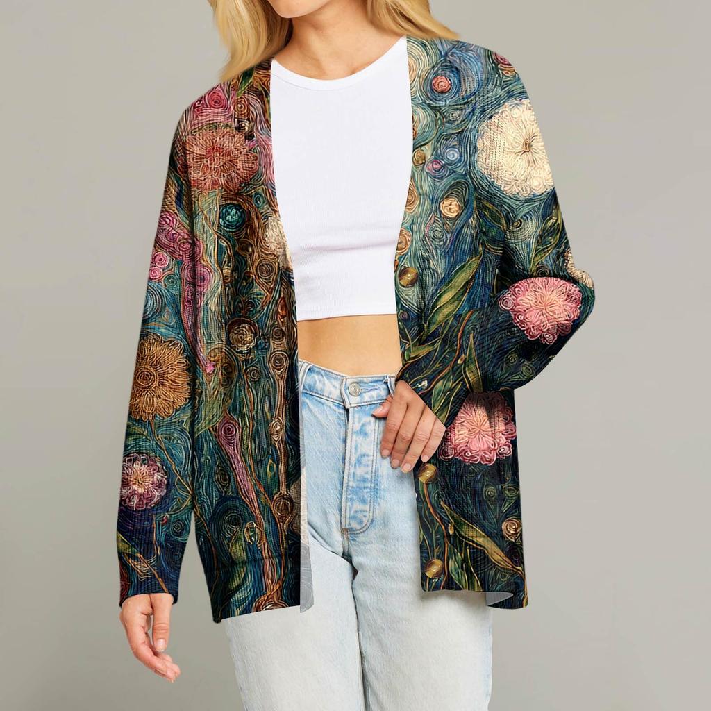 Women's Fashion Long Sleeve Christmas Print V-Neck Button Loose Cardigan Top