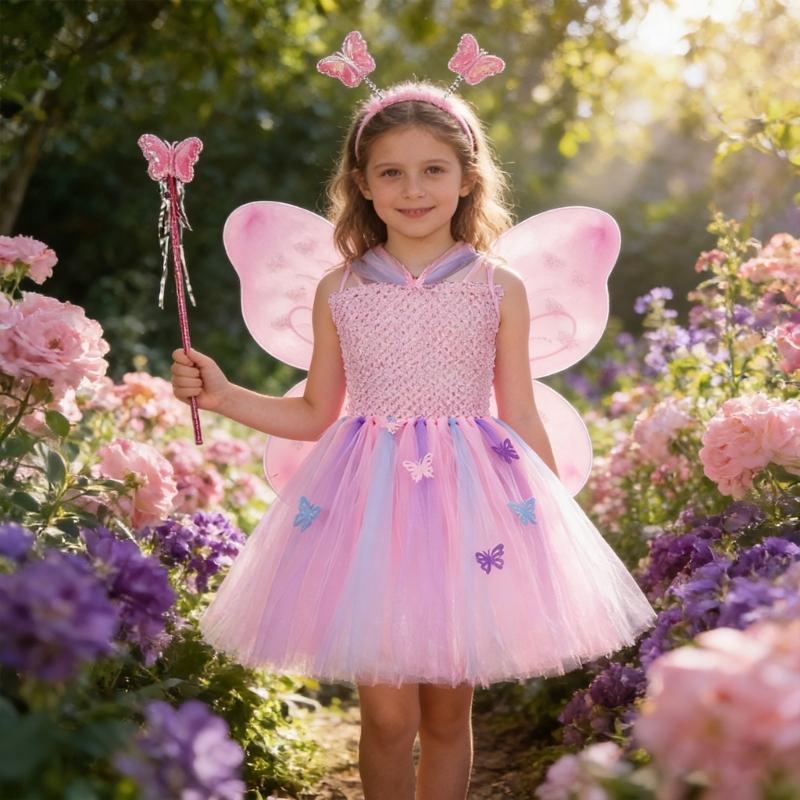 4Pcs Fairys Princess Costume Set with Butterfly Wing Angel Wand Tutus Dress Headband for Kids Little Girls
