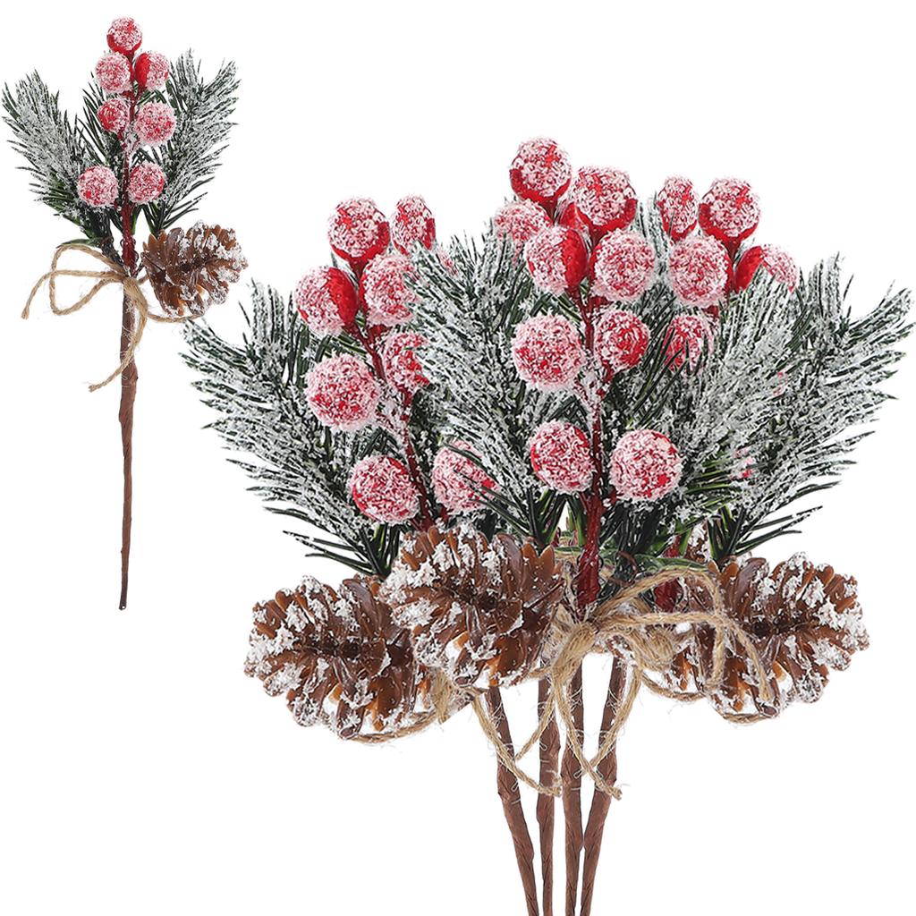 20PCS Artificial Pinecone and Berry Picks Faux Pine Tree Needles Branches Xmas Floral Picks for DIY Floral Arrangement Holiday Decor Red