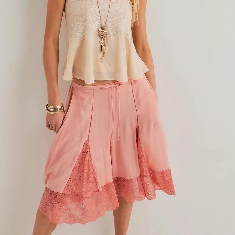 Women Y2k Lace Floral Bloomers Pants Silk Satin Patchwork Ruffles Coquette Half Slip Midi Pants Streetwear