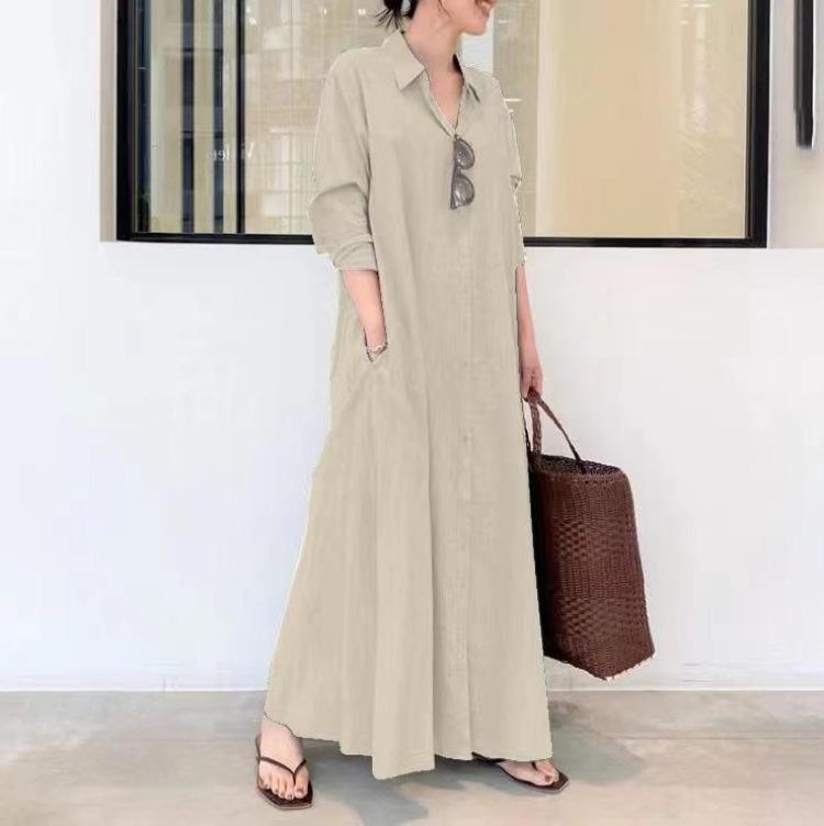 Abito Lungo Camicia da Donna con Maniche Lunghe, Scollo a V, Bottoni e Tasche in Cotone