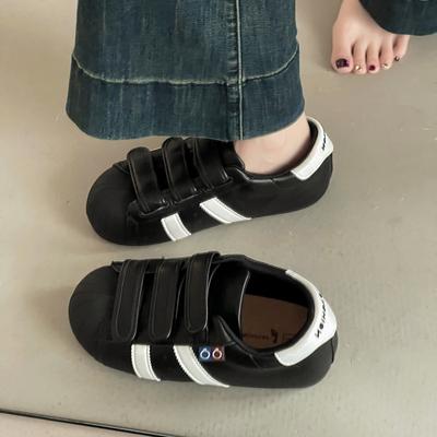Striped Velcro Round Head German Training Shoes Women's 2025 Summer New Outer Wear Casual Shoes Little White Shoes Board Shoes Retro Style